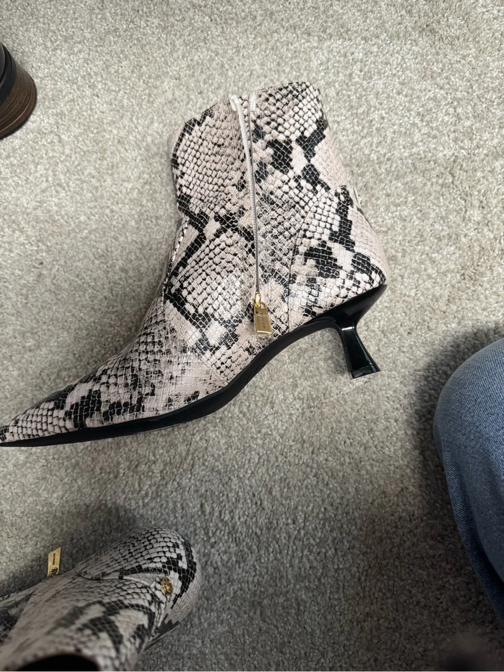 Michael Kors Black and Cream Snake-Print Pointed Toe Booties with Sculpted Heel